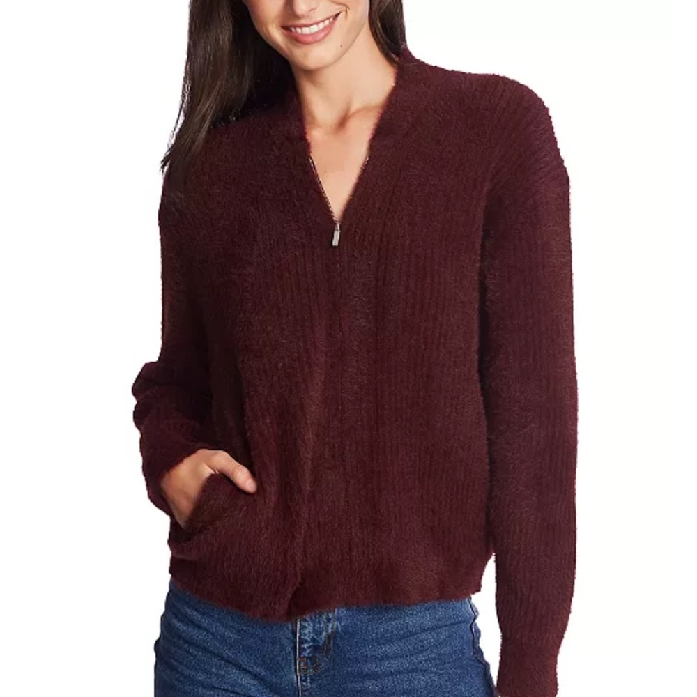 1‎ State Woman's Zip-Front Eyelash Sweater Cardigan Burgundy Size Large